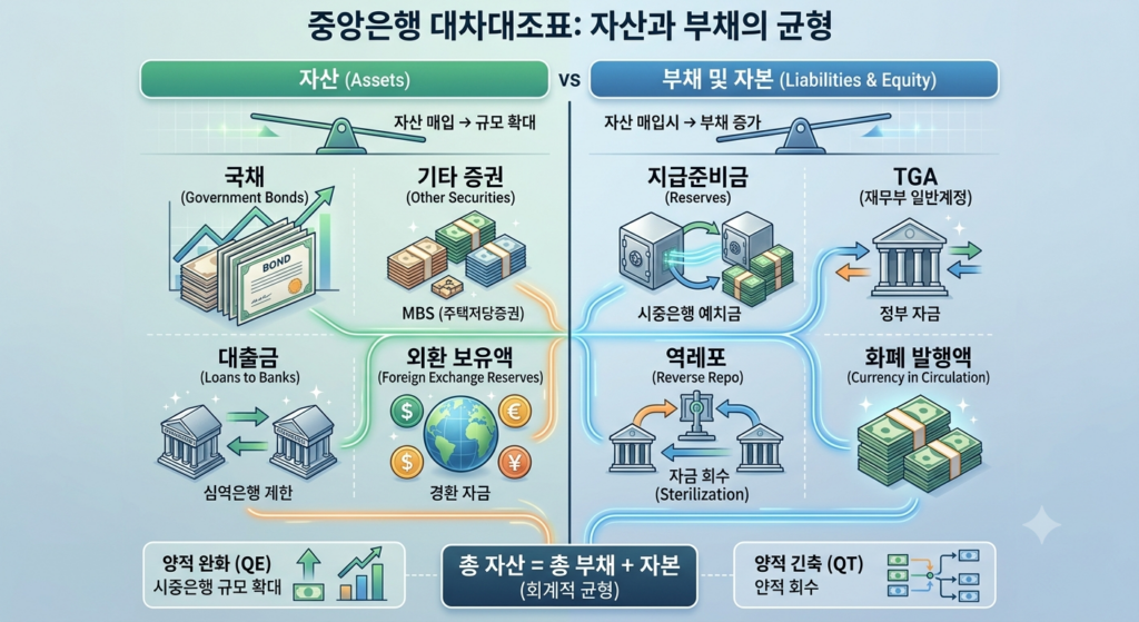 중앙은행 대차대조표 Diagram illustrating central bank balance sheet structure of assets and liabilities