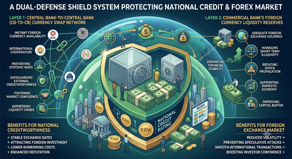 통화스왑 Infographic illustrating Currency Swap and foreign exchange liquidity coverage protecting national credit rating