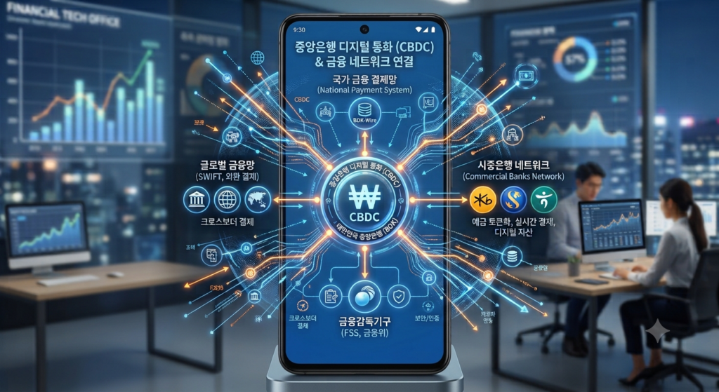 중앙은행 디지털화폐 보급 변동Concept illustration of Central Bank Digital Currency network and commercial bank system