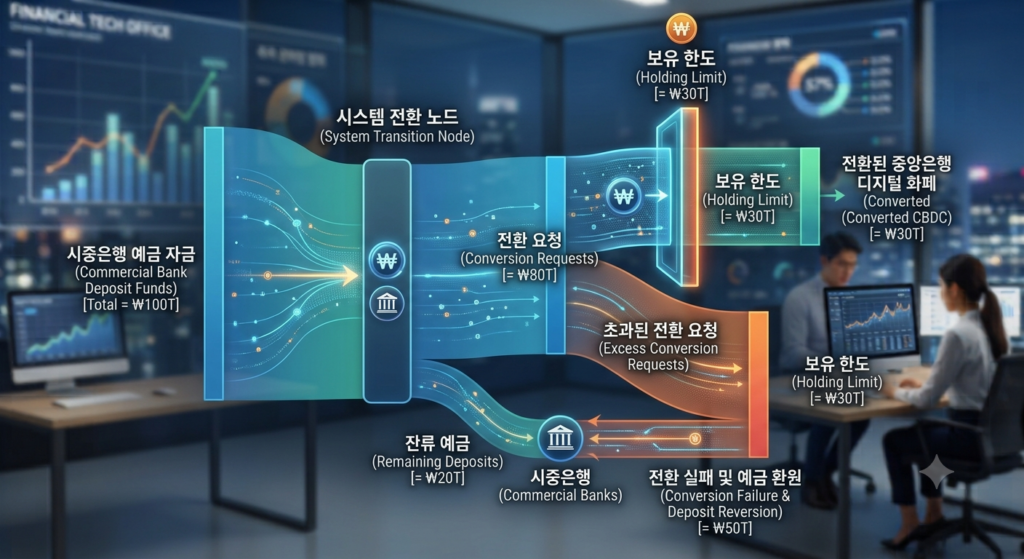 Diagram illustrating the impact of CBDC holding limits on commercial bank deposit retention