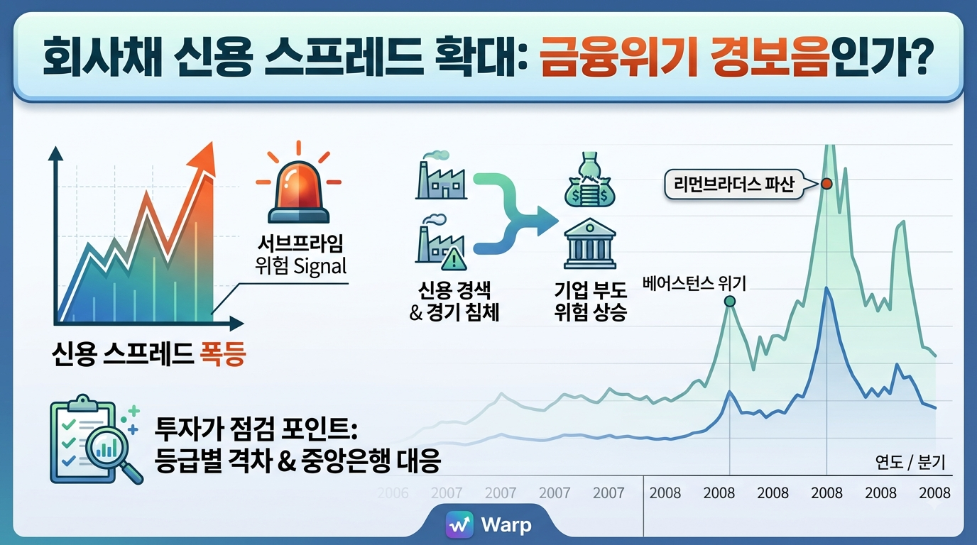 신용 스프레드 확대가 기업 부도 및 경기 침체로 이어지는 파급 효과 매커니즘 인포그래픽/Infographic of the mechanism by which credit spread widening leads to corporate defaults and economic recession