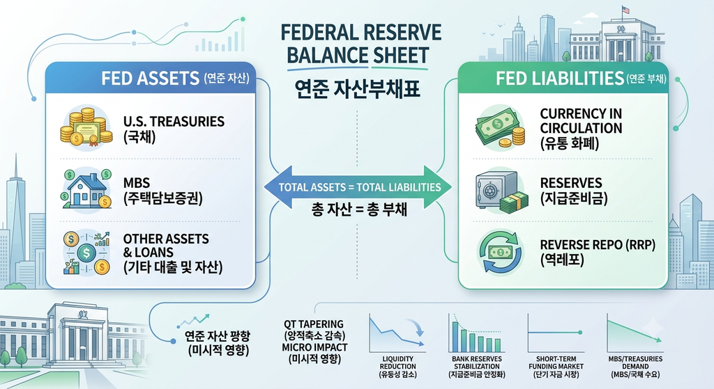 연준 자산부채표 구조와 자산(국채, MBS) 및 부채(지급준비금, 역레포, 유통화폐) 항목 및 QT 감속 미시적 영향 요약/Federal Reserve balance sheet structure diagram showing assets like US Treasuries and MBS, liabilities like bank reserves and reverse repo, and microeconomic impacts of QT tapering