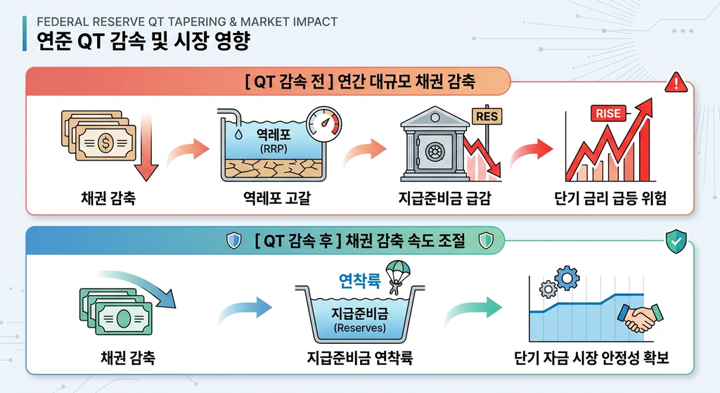 연준(Fed)의 양적축소(QT) 속도 조절(Tapering) 전후 시장 영향 비교 인포그래픽. QT 감속 전 대규모 채권 감축으로 인한 역레포 고갈 및 단기 금리 급등 위험과 QT 감속 후 지급준비금 연착륙 및 단기 자금 시장 안정성 확보 메커니즘 설명/Infographic comparing market impact before and after Fed's QT Tapering. Illustrates risks of rapid reserve drain and repo rate spikes before tapering, and the soft landing of reserves and short-term funding market stability after tapering with a slower balance sheet runoff.