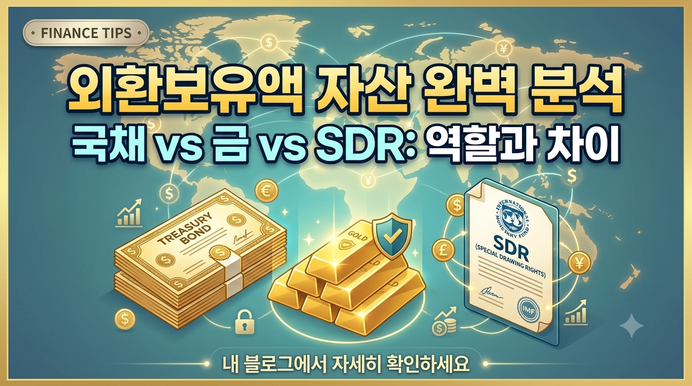 외환보유액 자산 완벽 분석'이라는 제목과 '국채 vs 금 vs SDR: 역할과 차이'라는 부제가 적힌 블로그 썸네일. 세계 지도를 배경으로 금괴(GOLD, 방패 아이콘), 미국 국채(US TREASURY BOND, 달러 기호), SDR(IMF 문서, 지구본 로고) 등 외환보유액의 핵심 3대 자산/Set against a world map, it features illustrations of the three core FX reserve assets: Gold (GOLD with a shield icon), US Treasury Bonds (US TREASURY BOND with a dollar sign), and SDR (an IMF document with a globe logo)