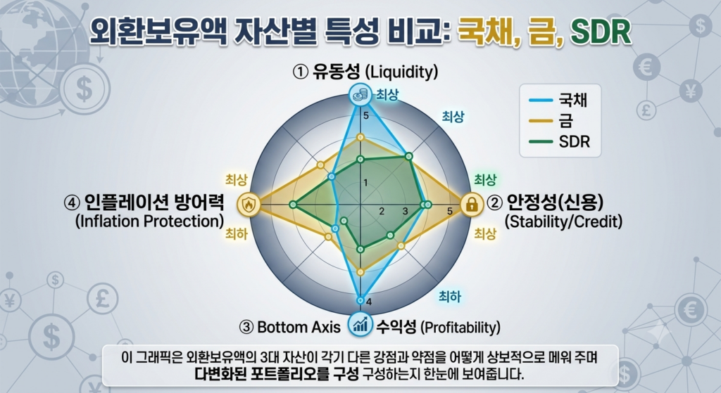 외환보유액 구성 자산(국채, 금, SDR)의 유동성·안정성·수익성·인플레이션 방어력 비교/Radar chart comparing FX reserve assets—Treasuries, Gold, and SDR—across Liquidity, Stability, Profitability, and Inflation Protection
