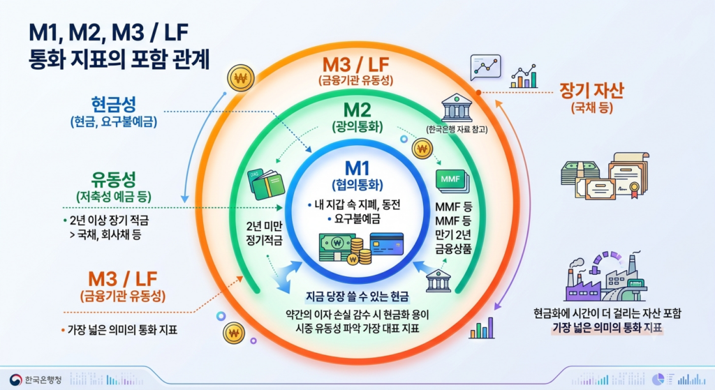 An infographic from the Bank of Korea demonstrating the nested hierarchy of monetary aggregates: M1 (Narrow Money), M2 (Broad Money), and M3 / LF (Liquidity of Financial Institutions). It uses a 3-stage concentric circle diagram where M1, representing the most liquid assets, is contained within M2, which in turn is contained within M3 / LF, the broadest measure. / 통화량과 인플레이션 - M1, M2, M3 / LF 통화 지표의 포함 관계를 보여주는 한국은행의 인포그래픽. 가장 좁은 의미의 현금성 자산인 M1(협의통화)을 M2(광의통화)가 감싸고, 다시 M2를 가장 넓은 의미의 금융기관 유동성인 M3 / LF가 감싸는 3단계 동심원 구조로 되어 있습니다