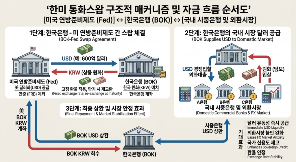 한미 통화스왑 구조적 메커니즘 및 자금 흐름 순서도/Diagram of KRW-USD currency swap structural mechanism and fund flow