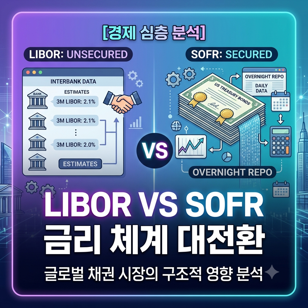 LIBOR에서 SOFR로의 금리 변동 체계 대전환과 글로벌 채권 시장 영향 분석 블로그 썸네일 / Blog thumbnail illustrating the grand transition from LIBOR to SOFR and its impact on the global bond market