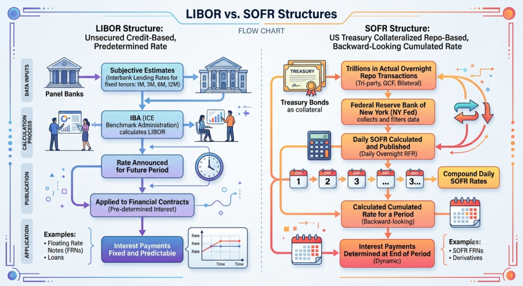 LIBOR와 SOFR 금리 산출 방식 및 담보 유무 구조 비교 인포그래픽 / Infographic comparing LIBOR and SOFR calculation methods and collateral structure