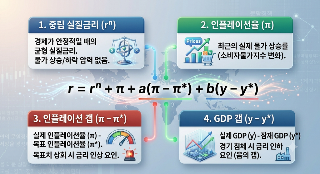 테일러 준칙 산출 공식을 이루는 4가지 핵심 요소(중립 실질금리, 인플레이션율, 인플레이션 갭, GDP 갭) 구조도 /the four key elements of the Taylor Rule formula: neutral real interest rate, inflation rate, inflation gap, and GDP gap
