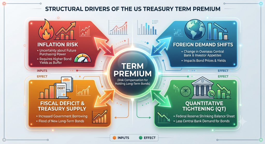 미국 국채 기간 프리미엄 변동 요인 및 메커니즘 인포그래픽/Infographic illustrating key drivers and mechanisms of US Treasury term premium volatility