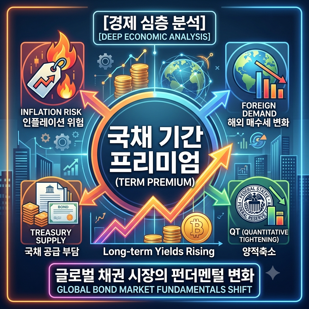 국채 기간 프리미엄/Infographic detailing the key drivers and mechanisms of US Treasury Term Premium volatility. Central ascending long-term yields graph surrounded by four radiating panels illustrating how Inflation Risk, Treasury Supply, Quantitative Tightening (QT), and Foreign Demand Shifts impact the premium.